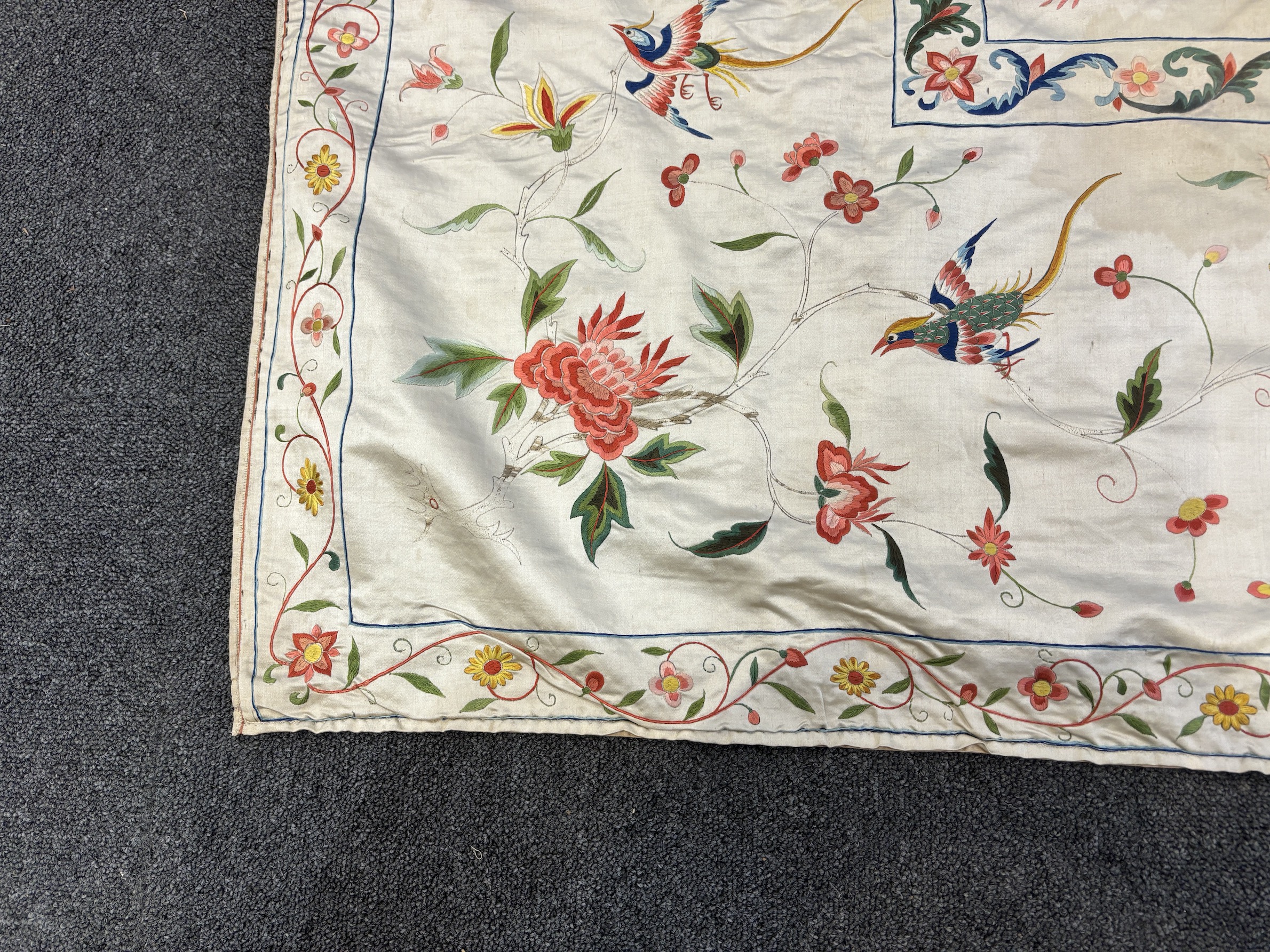 A fine Chinese 19th century silk polychrome embroidered cream silk bed cover, 290cm long x 278cm wide (both curtains together)